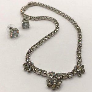 Vintage Garne Jewelry Rhinestone Necklace paired with Stud Earrings